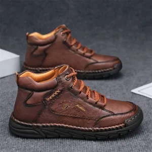Classic brown men's mid-top Martin boots featuring retro hand-stitched leather details