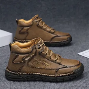 Men's retro brown mid-top Martin boots with stitched leather detail and durable rubber sole