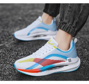 Detailed side view of lightweight white and blue sports sneakers with colorful accents