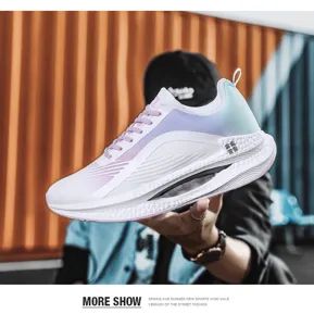 Side detail view of lightweight gradient mesh sports shoe with thick cushioned sole