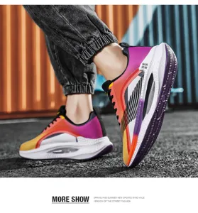 Close-up of colorful gradient sports sneakers featuring a vibrant street style look