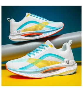Close-up side view showing the mesh texture and colorful accents of white lightweight sneakers