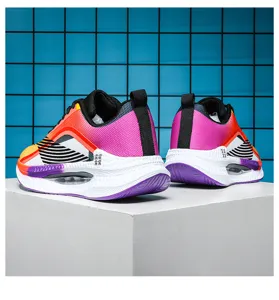 Detailed rear view of colorful lightweight sports sneakers displayed on a minimalist gray pedestal