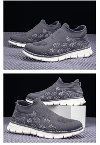 Vue détaillée de baskets en maille grise respirante pour hommes avec semelles blanches