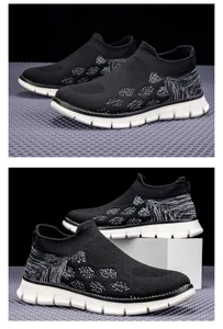 Gros plan détaillé de baskets à enfiler en tricot noir pour hommes avec semelles blanches