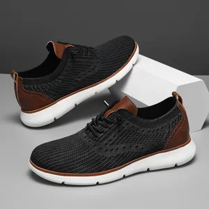 Men's breathable knit casual sports shoes with brown accents and comfortable white sole