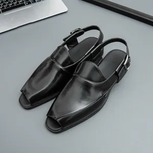 Sandalias clásicas de cuero negro para hombre, estilo casual de negocios, punta abierta
