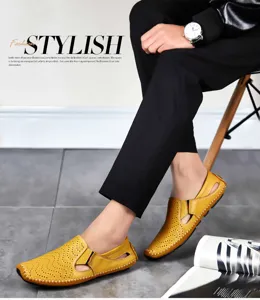 Elegantes mocasines de hombre en piel perforada amarilla, zapatos de conducción casuales