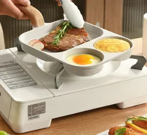 Sartén para desayuno 3 en 1 antiadherente con revestimiento de piedra maifan y mango de madera