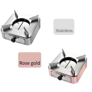 Portable stainless steel alcohol stove for mini hot pot, available in silver and rose gold colors.