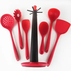 Juego de 7 utensilios de cocina de silicona roja resistente al calor con soporte