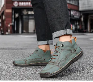 Chaussures de randonnée décontractées en cuir véritable sarcelle pour hommes en plein air