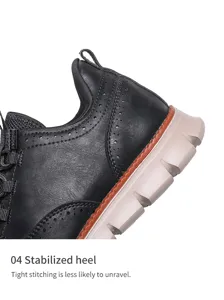 Detaillierte Ansicht der stabilisierten Ferse und festen Nähte beim schwarzen Lederschuh