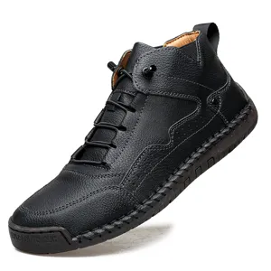 Chaussures décontractées en cuir noir pour hommes, montantes pour randonnée