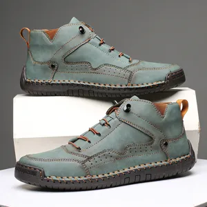 Chaussures de randonnée décontractées en cuir véritable bleu pour hommes avec coutures à la main