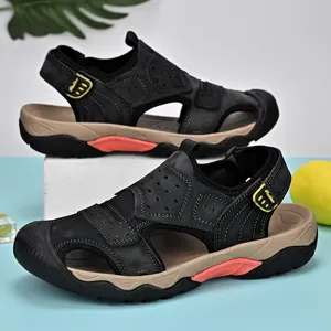 Outdoor men's black leather sandals featuring a durable closed-toe and non-slip sole.