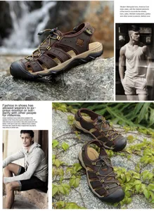 Vue détaillée de sandales d'extérieur en cuir marron pour hommes à bout fermé.