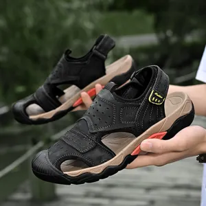 Detailed close-up of premium black cowhide outdoor sandals for men with anti-slip soles