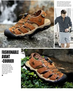 Sandales de randonnée en cuir marron pour hommes avec bout fermé pour la plage et l'été