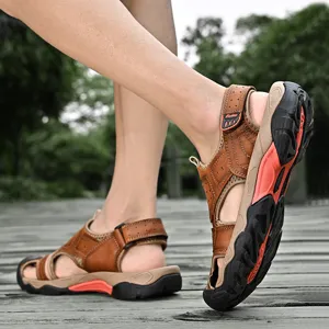 Detailed side view of brown cowhide leather men's outdoor sandals with anti-slip thick sole