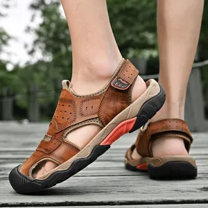 Detailed view of men's premium brown genuine leather outdoor casual trekking sandals