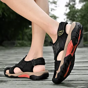 Detail view of men's leather outdoor sandals with breathable black upper and non-slip sole.