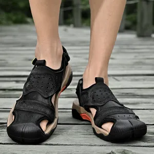 Outdoor men's genuine leather sandals with closed-toe design for beach and casual wear