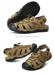 Vues détaillées de haute qualité de sandales d'extérieur pour hommes en cuir kaki à bout fermé.