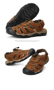 Vues détaillées de sandales d'extérieur en cuir marron pour hommes avec semelle en caoutchouc
