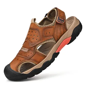 Detailed view of men's leather outdoor sandals with durable stitching and closed toe