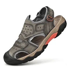 Detailed side view of men's leather outdoor sandals with breathable closed-toe design