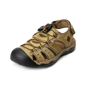 Sandales d'extérieur pour hommes en cuir véritable marron avec bout fermé en caoutchouc