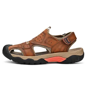 Side view of premium men's brown outdoor leather sandals with breathable punch design