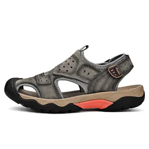 Men's leather outdoor sandal with closed-toe design and adjustable strap in gray