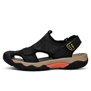 Detailed side view of black genuine cowhide men's outdoor casual beach sandals