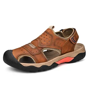 Detailed side view of brown cowhide leather men's outdoor casual beach sandals
