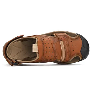 Top view of men's brown leather outdoor sandals with protective toe cap and breathable holes