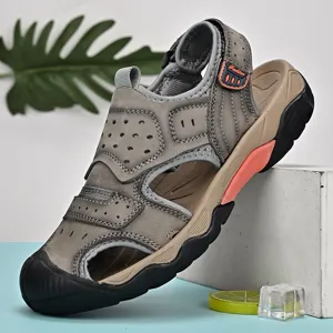 Men Genuine Cowhide Leather Sandals Outdoor Casual Beach Shoes Breathable Hook And Loop Adjustable Strap Rubber Sole