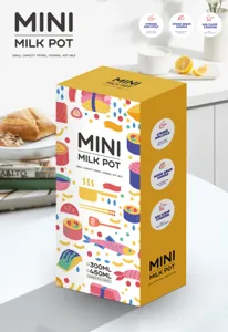 Design d'emballage créatif pour une mini casserole antiadhésive avec illustrations colorées