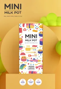 Conception créative d'emballage de mini pot à lait avec illustrations colorées de cuisine