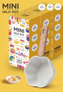 Détail de la mini casserole à lait antiadhésive en pierre Maifan avec manche en bois