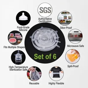 Detailed view of 6-pack silicone stretch lids showing microwave and fridge use cases