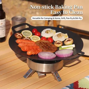 Round Korean maifan stone grill pan on a portable stove in an outdoor camping setting.