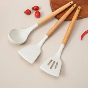 White Silicone Spatula Ladle With Beech Wood Handle Heat Resistant Non-Stick Kitchen Cooking Spoon Slotted Turner Utensils