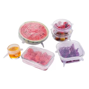 Set of 6 clear reusable silicone stretch lids for versatile food storage and sealing