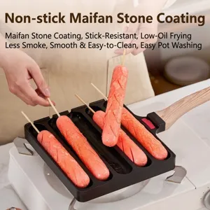 Non-Stick Aluminum Alloy Roast Sausage Pan With Wood Grain Bakelite Handle For Hot Dogs Takoyaki Meatballs Household Kitchen Die-Cast Griddle Pan