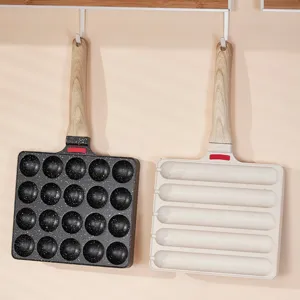 Professional non-stick sausage and meatball grilling pans with heat-resistant wooden handles