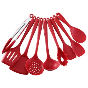 Juego de 10 utensilios de cocina de silicona roja resistente al calor para sartenes