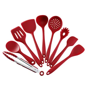 Juego profesional de 9 utensilias de cocina de silicona roja resistente al calor para sartenes