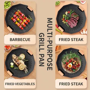 Korean medical stone non-stick BBQ pan with wooden handles for induction cooker grill plate